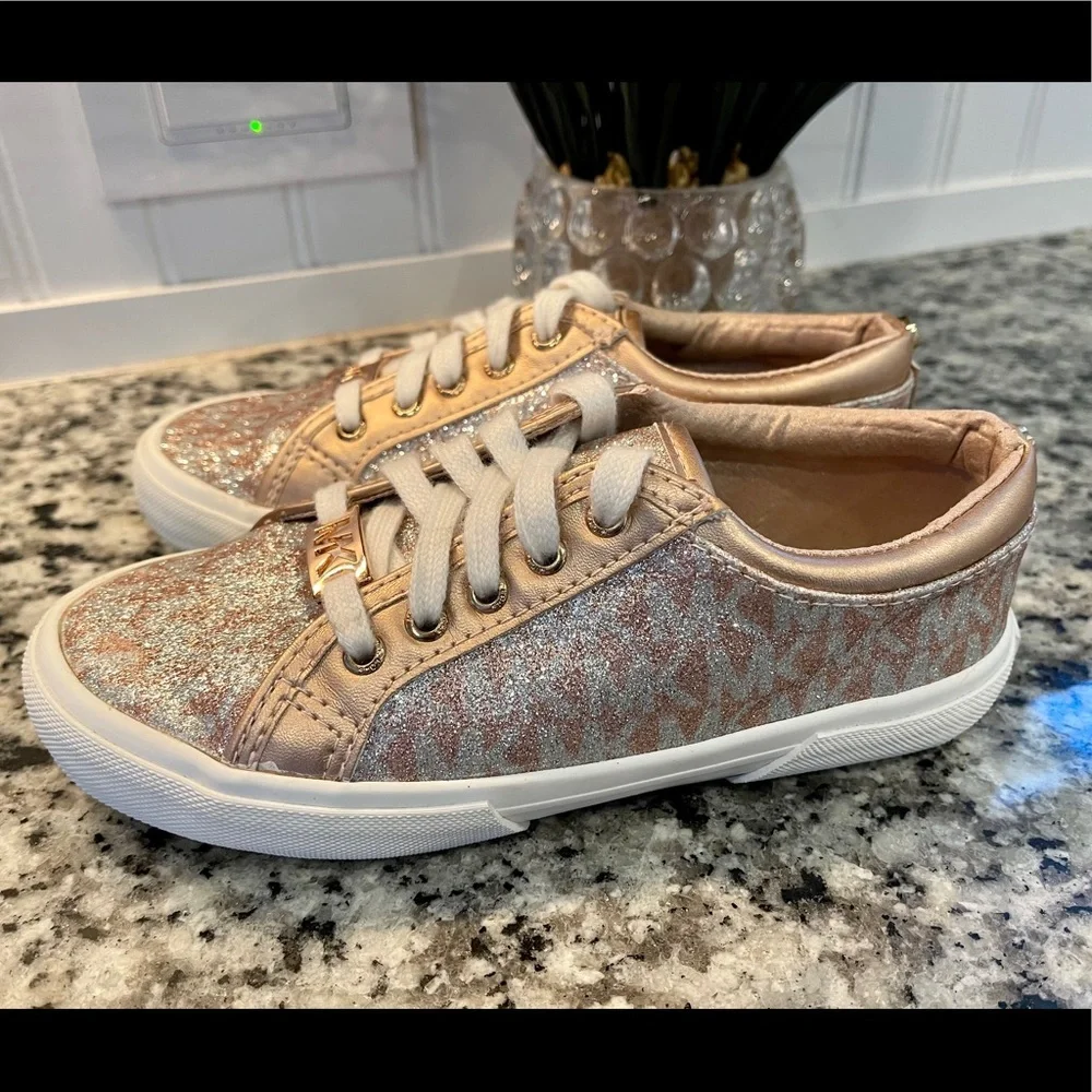 Michael Kors Girls Rose Gold Glitter Monogram Sneakers Size 13 Little Kid